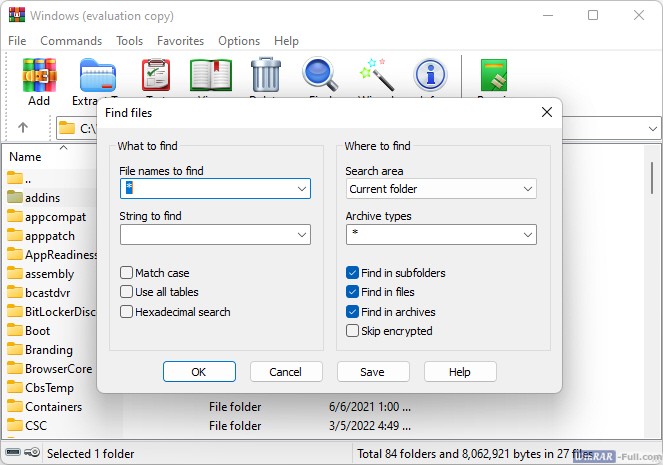 Find archives in WinRAR
